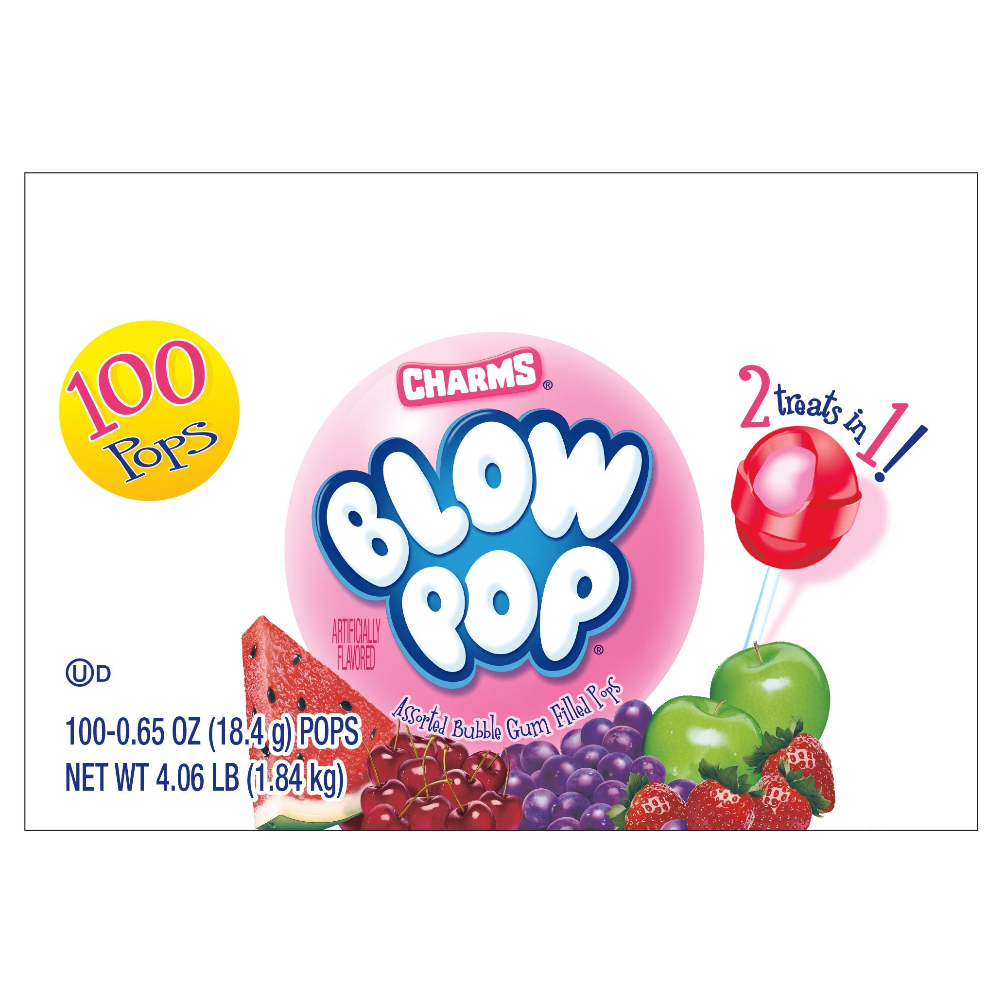 Charms Blow Pop, 0.65 oz, Assorted Bubble Gum Filled Pops, 100-count