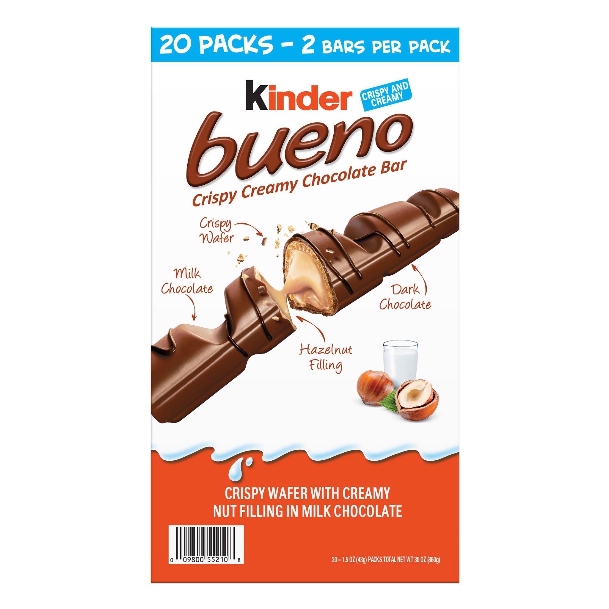 Kinder Bueno Chocolate and Hazelnut Chocolate Bars, 2 Bars, 1.5 oz, 20 Pack
