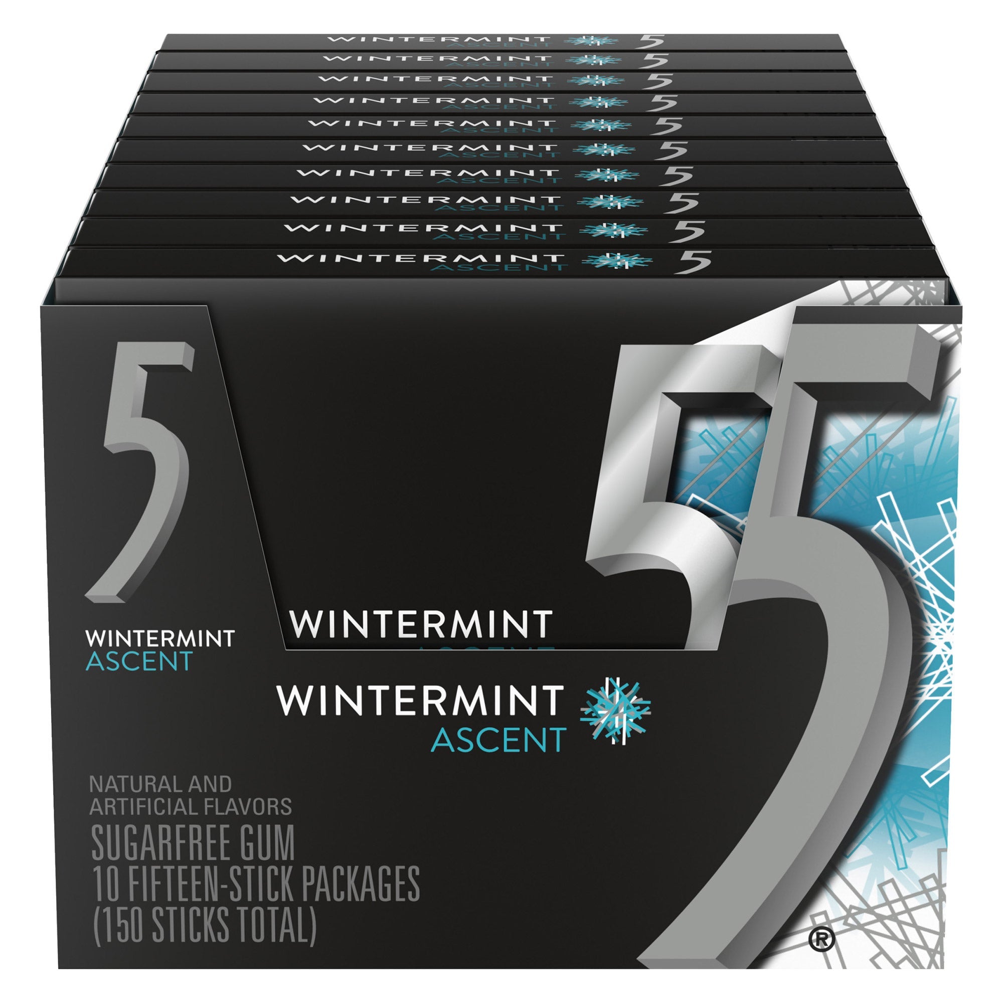5 Gum Sugar Free Chewing Gum, Wintermint Ascent, 15 Sticks, 10-Count