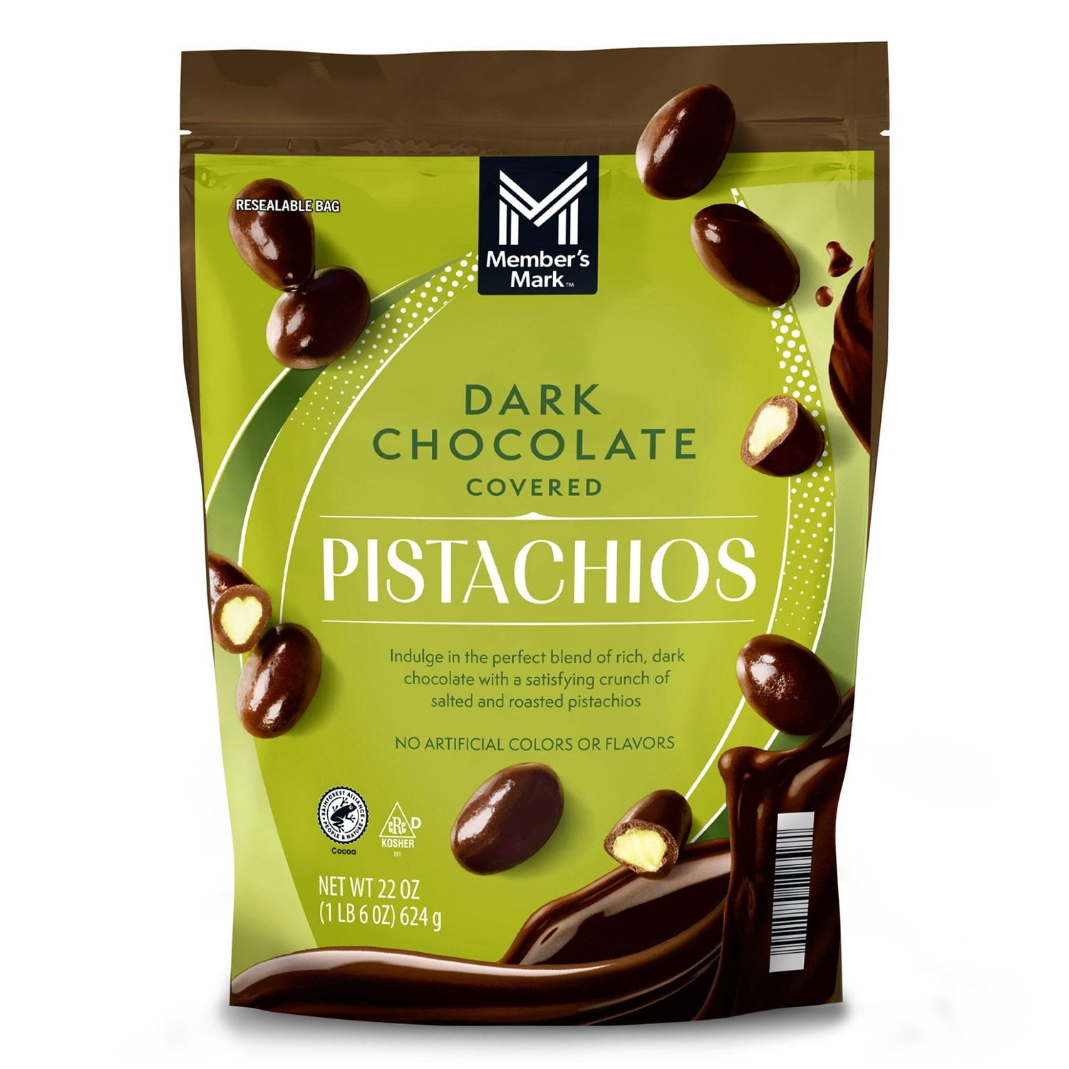 Members Mark Dark Chocolate Covered Roasted Pistachios, 22 oz.