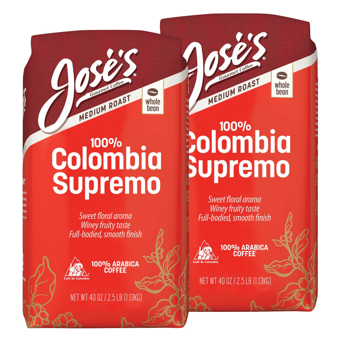 Jose's 100% Colombia Supremo Whole Bean Coffee, Medium Roast, 2.5 lb, 2-Pack