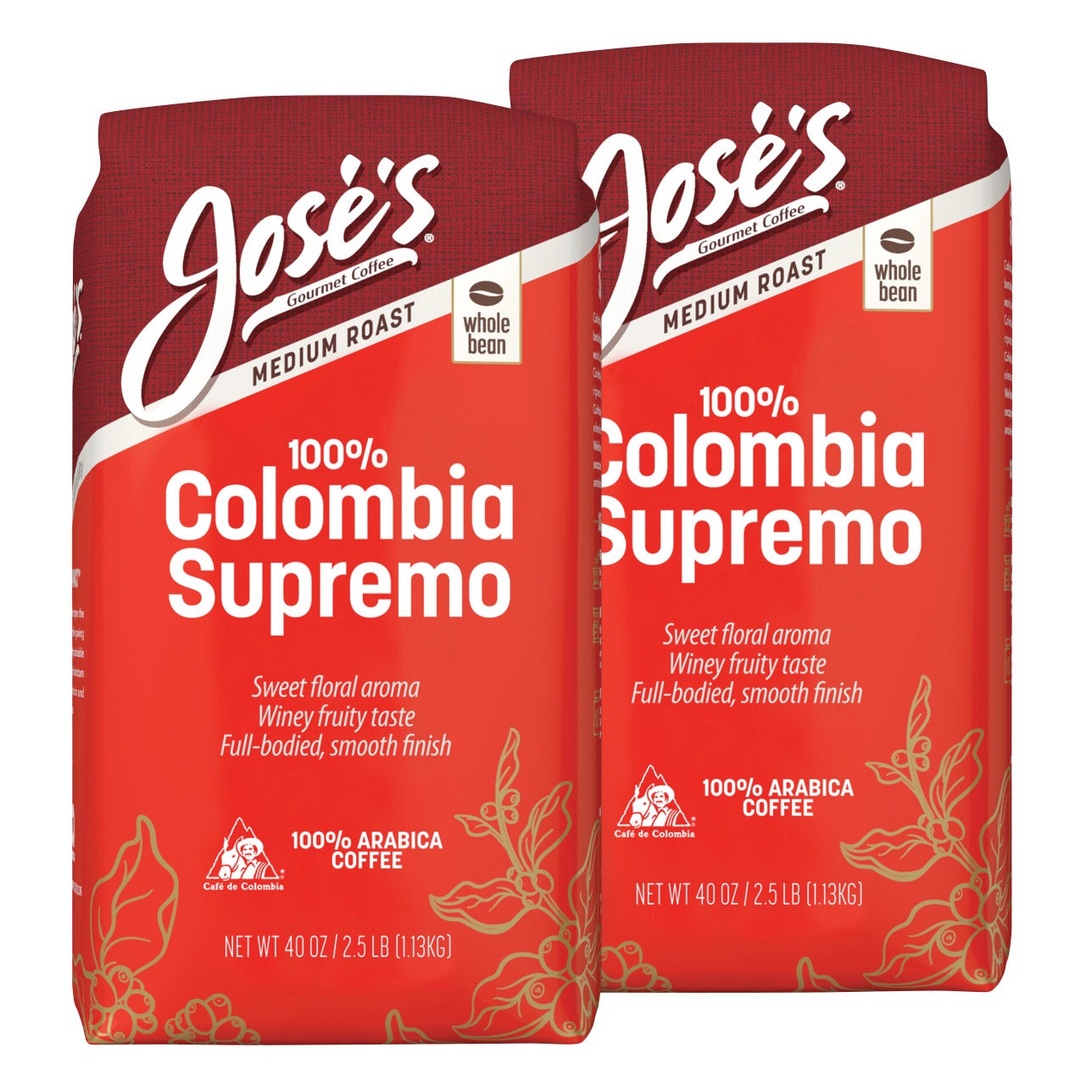 Jose's 100% Colombia Supremo Whole Bean Coffee, Medium Roast, 2.5 lb, 2-Pack