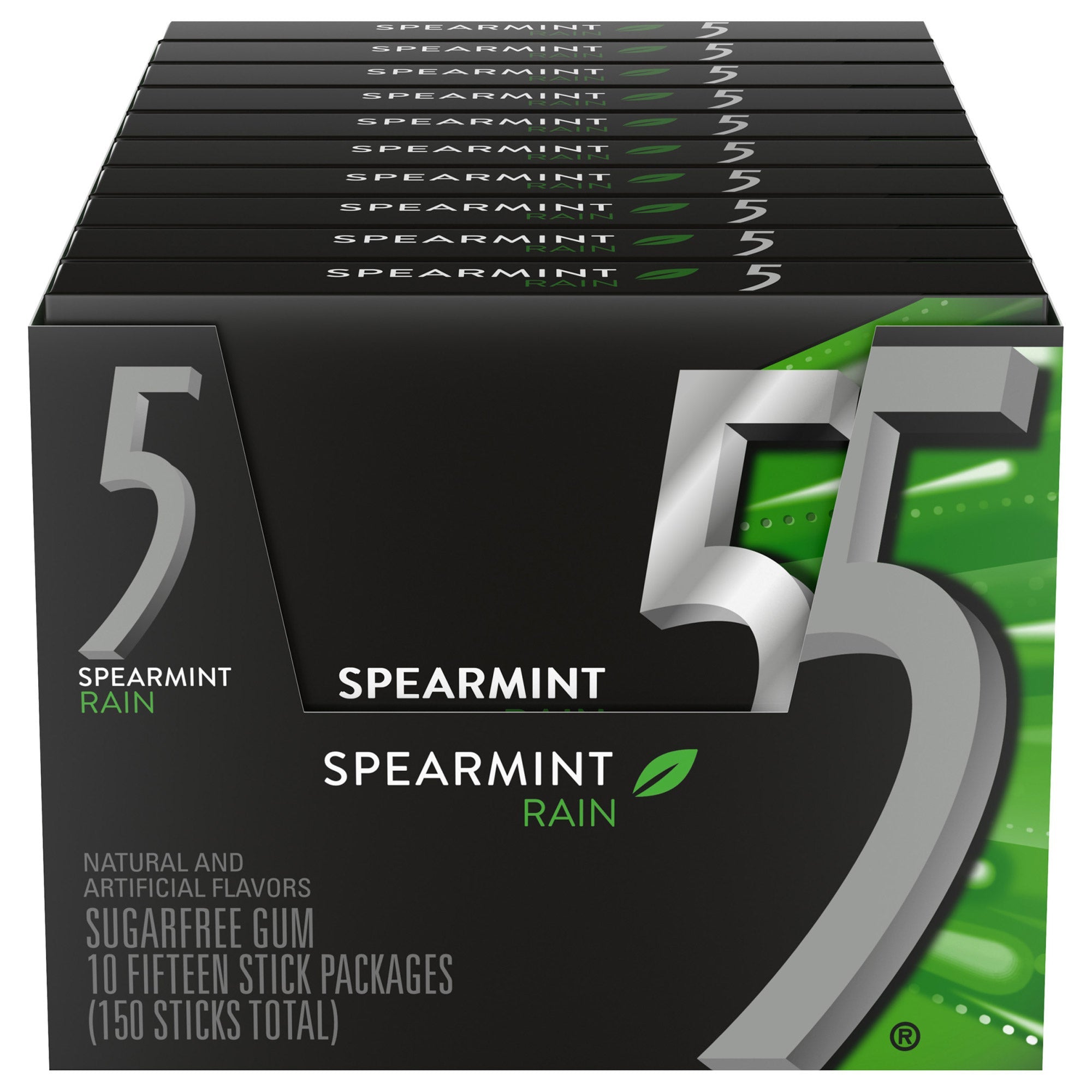 5 Gum Sugar Free Gum, Spearmint Rain Chewing Gum, 15 Sticks, 10-count