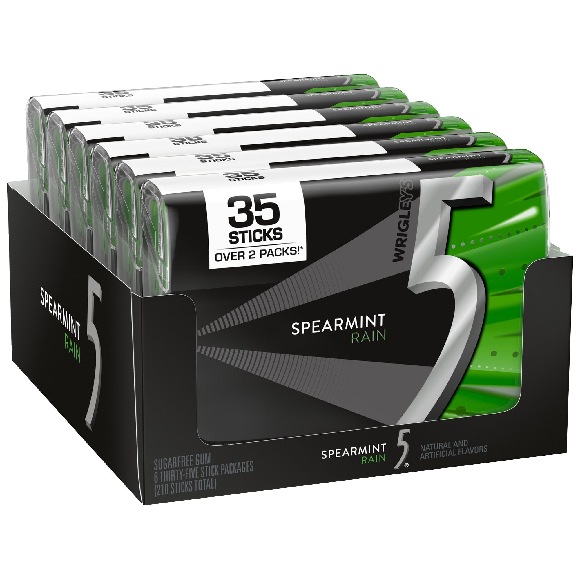 5 Gum Sugar Free Chewing Gum, Spearmint Rain, Mega Pack, 35 Sticks, 6-count