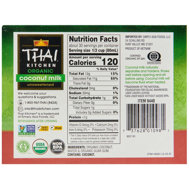 Thai Kitchen Organic Coconut Milk, Unsweetened, 13.66 fl oz, 6 ct