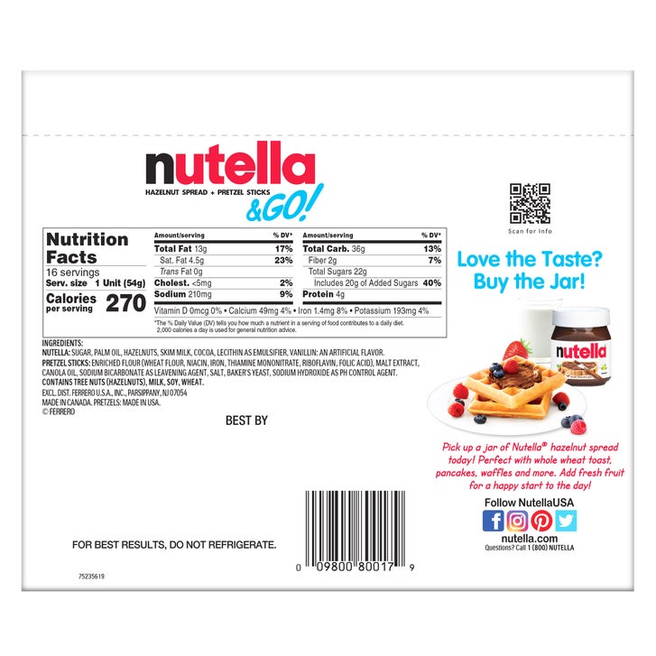 Nutella & GO! Hazelnut and Cocoa Spread With Pretzels, 1.9 oz, 16 Pack
