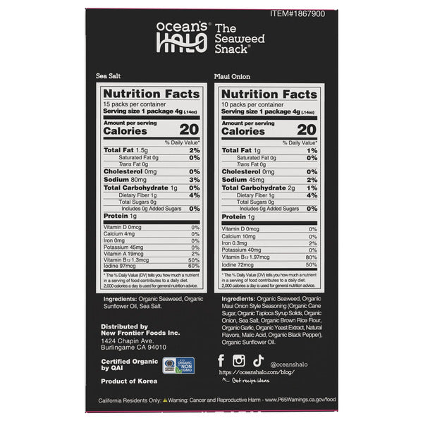 Ocean's Halo Organic Seaweed Snack, Maui Onion & Sea Salt, 0.14 oz, 25 ct