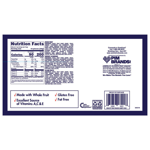 Welch's Fruit Snacks, Variety Pack, 2.25 oz, 20 ct