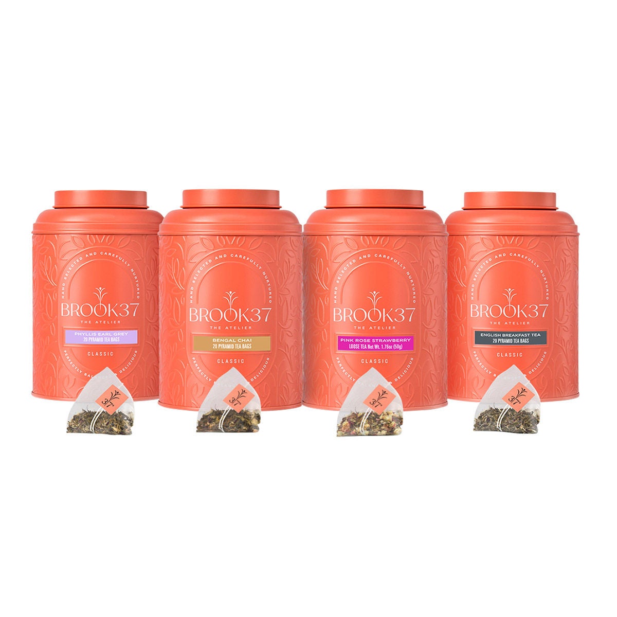Brook 37 Curated Indulgence Tea Gift Collection, 4 Tins, 80 Total Plant Based Pyramid Bags