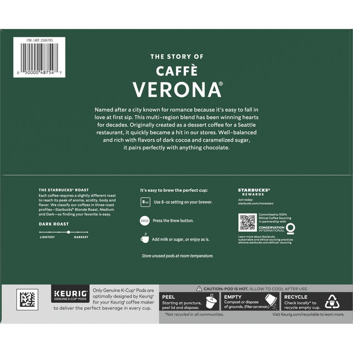 Starbucks Coffee Caffè Verona Dark Roast K-Cup Pod, 72-count