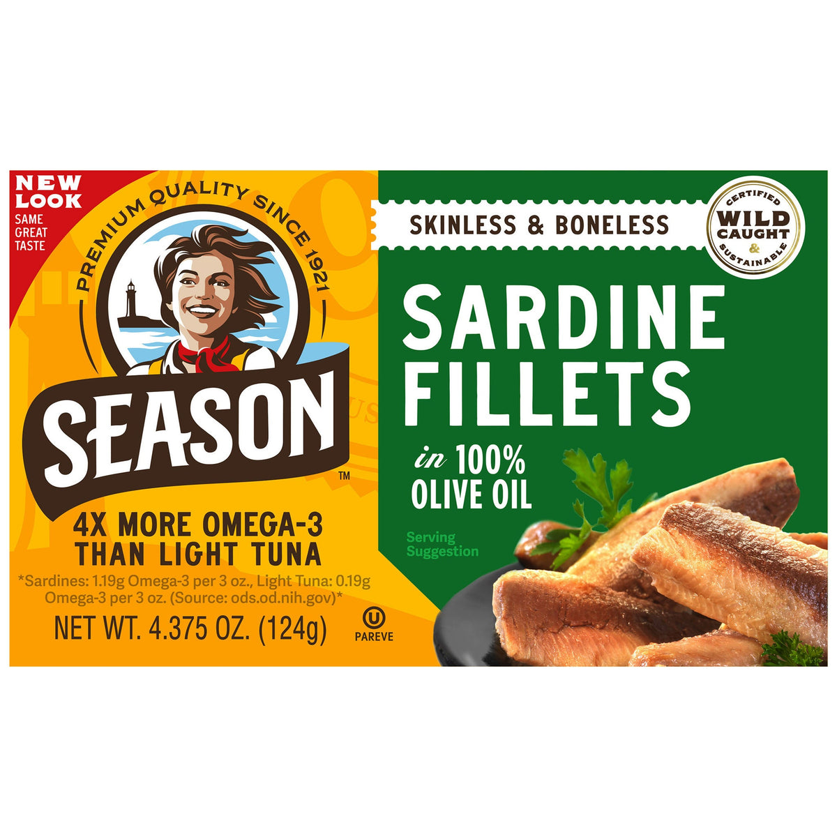 Season Sardine Fillets In 100% Olive Oil, Wild Caught, Skinless & Boneless, 4.375 oz, 6-Count
