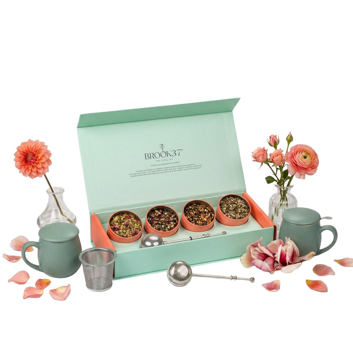 Brook 37 Ambrosia Gift Box Tea Collection, 4 Loose Leaf Tins (4 oz Total)  2 Teacups & Infusers