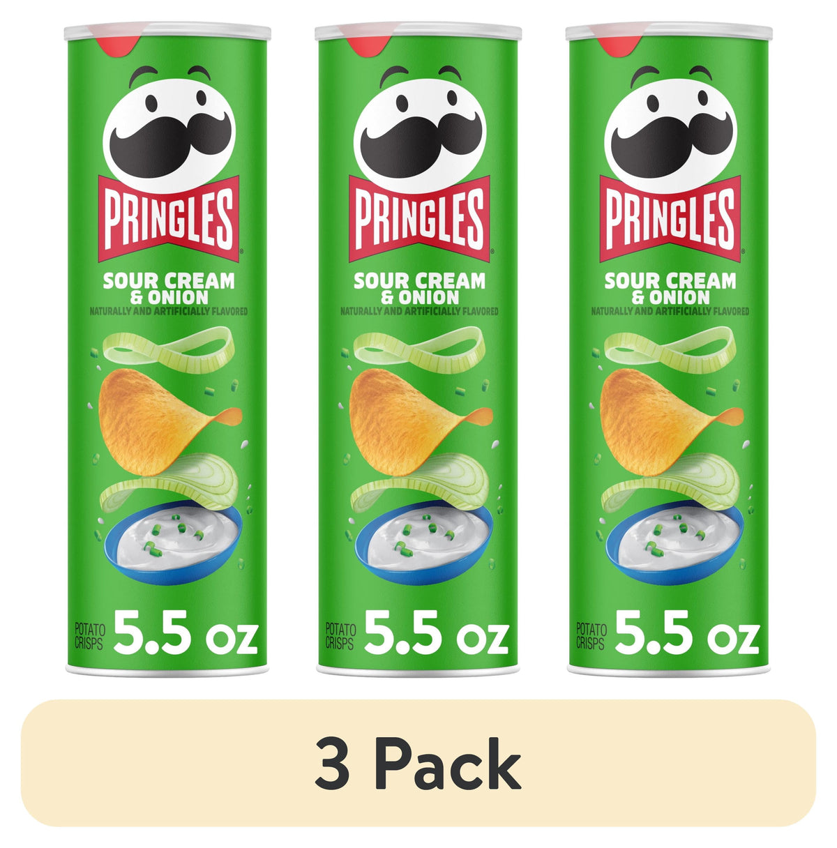 (3 pack) Pringles Sour Cream and Onion Potato Crisps Chips, Lunch Snacks, 5.5 oz Canister