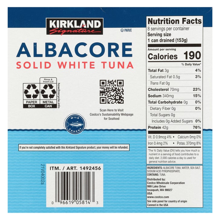 Kirkland Signature, Albacore Solid White Tuna in Water, 7 oz, 8-Count