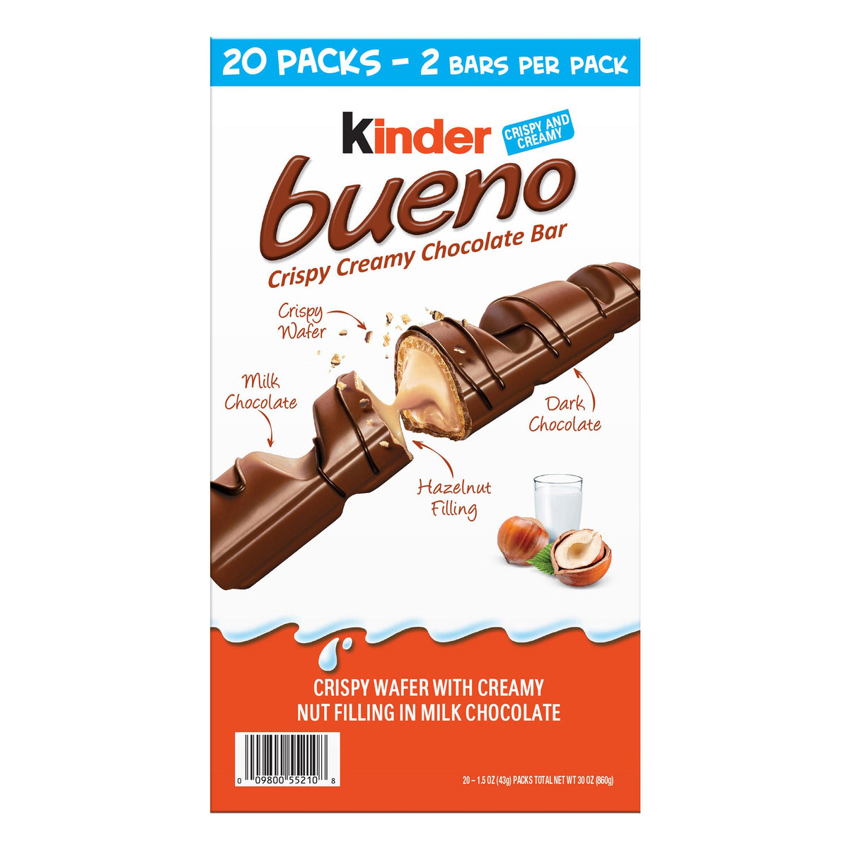 Kinder Bueno Chocolate and Hazelnut Chocolate Bars, 2 Bars, 1.5 oz, 20 Pack