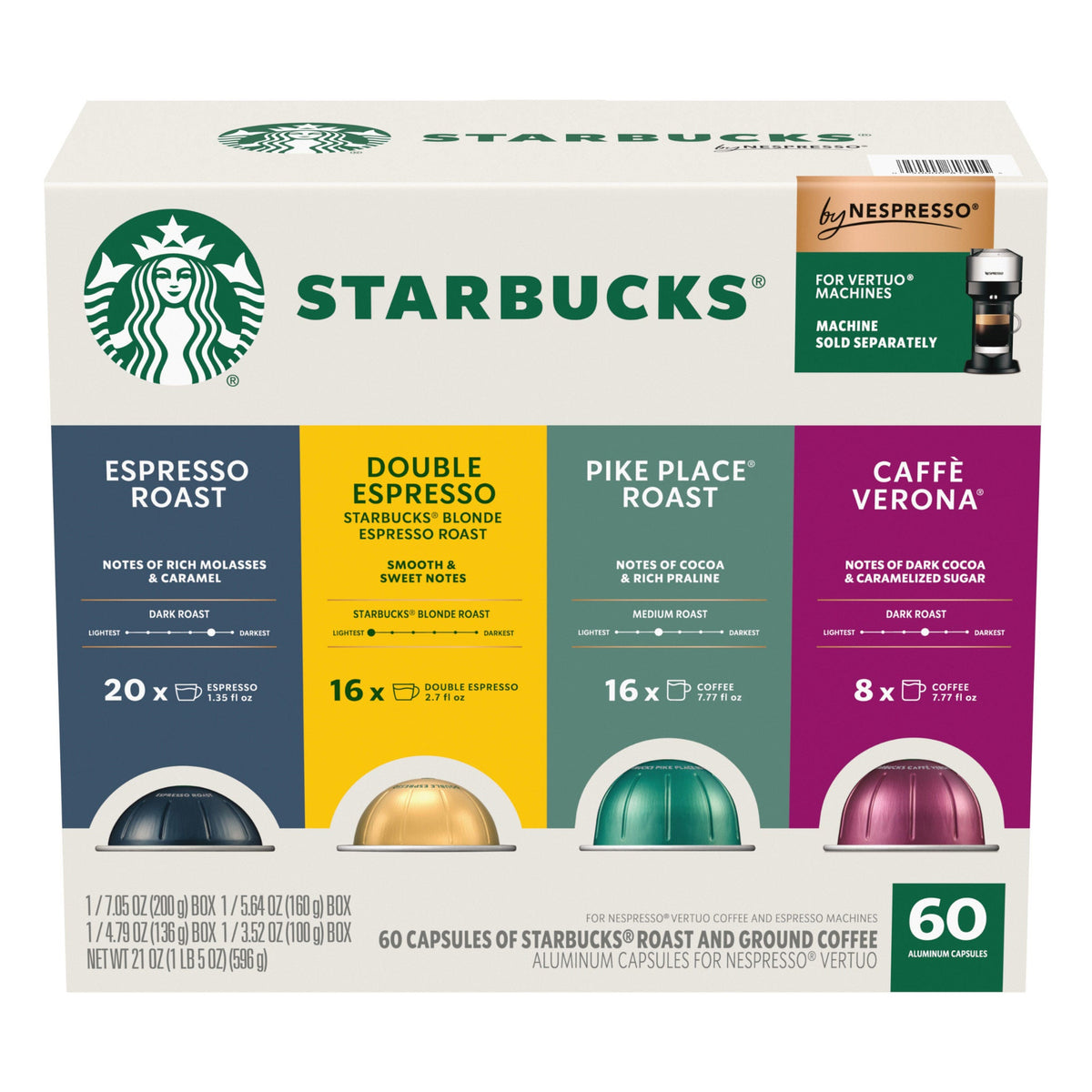 Starbucks Coffee and Espresso Capsules for Nespresso Vertuo Machines 60-count Variety Pack, 100% Arabica Coffee