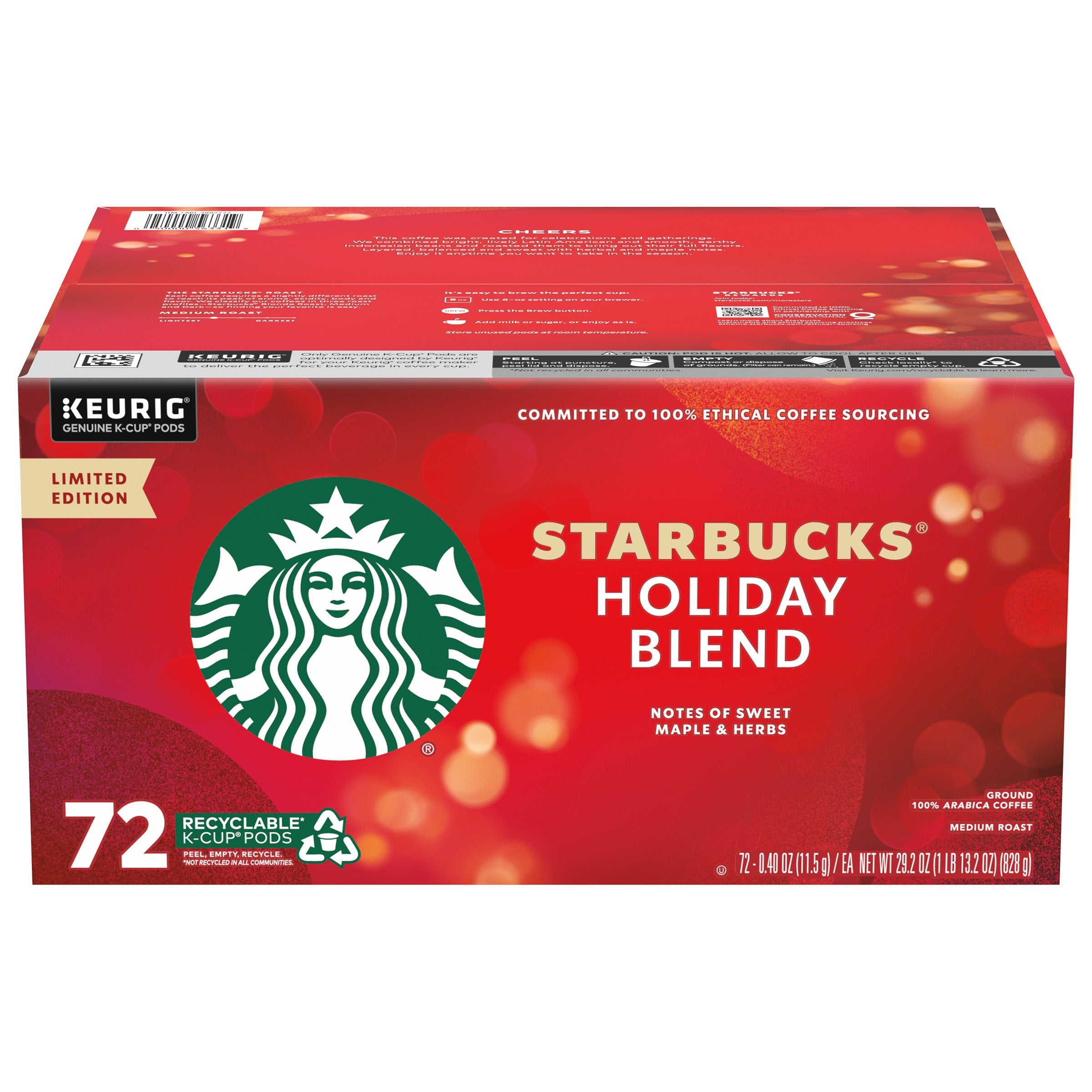Starbucks K-Cup Coffee Pods 72ct, Limited Edition Holiday Blend Medium Roast Coffee, 100% Arabica