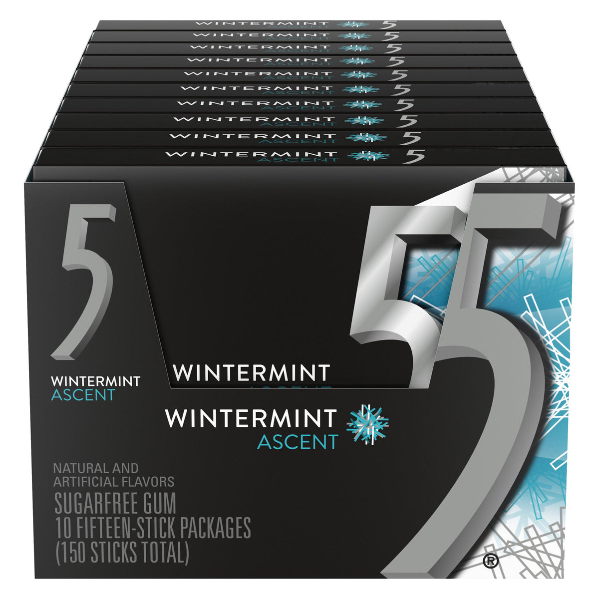 5 Gum Sugar Free Chewing Gum, Wintermint Ascent, 15 Sticks, 10-Count