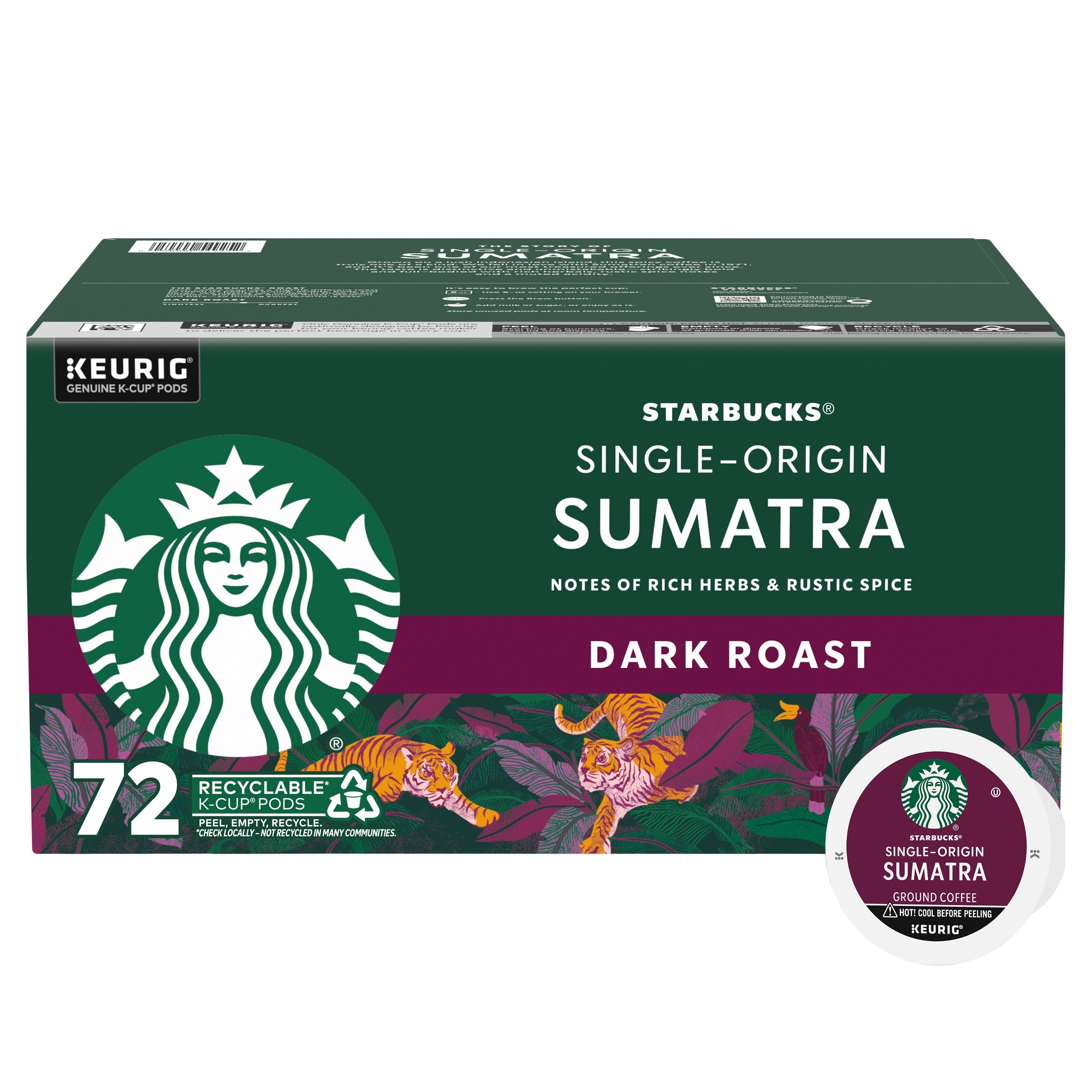 Starbucks Single-Origin Sumatra Dark Roast K-Cup Pods, 72 Count